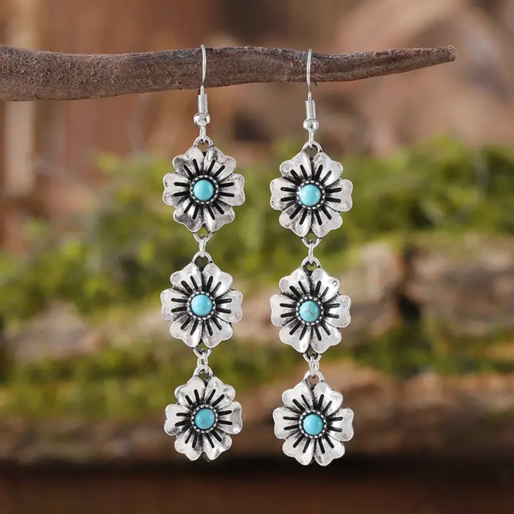 NWOT - Silver and Turquoise Floral Drop Earrings - Picture 2 of 7